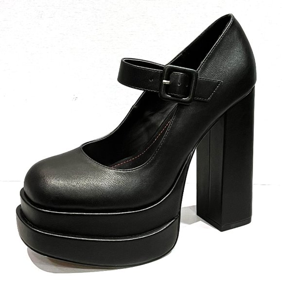 New Black Double Platform Mary Jane Platform Chunky Heel Pumps - Picture 1 of 2